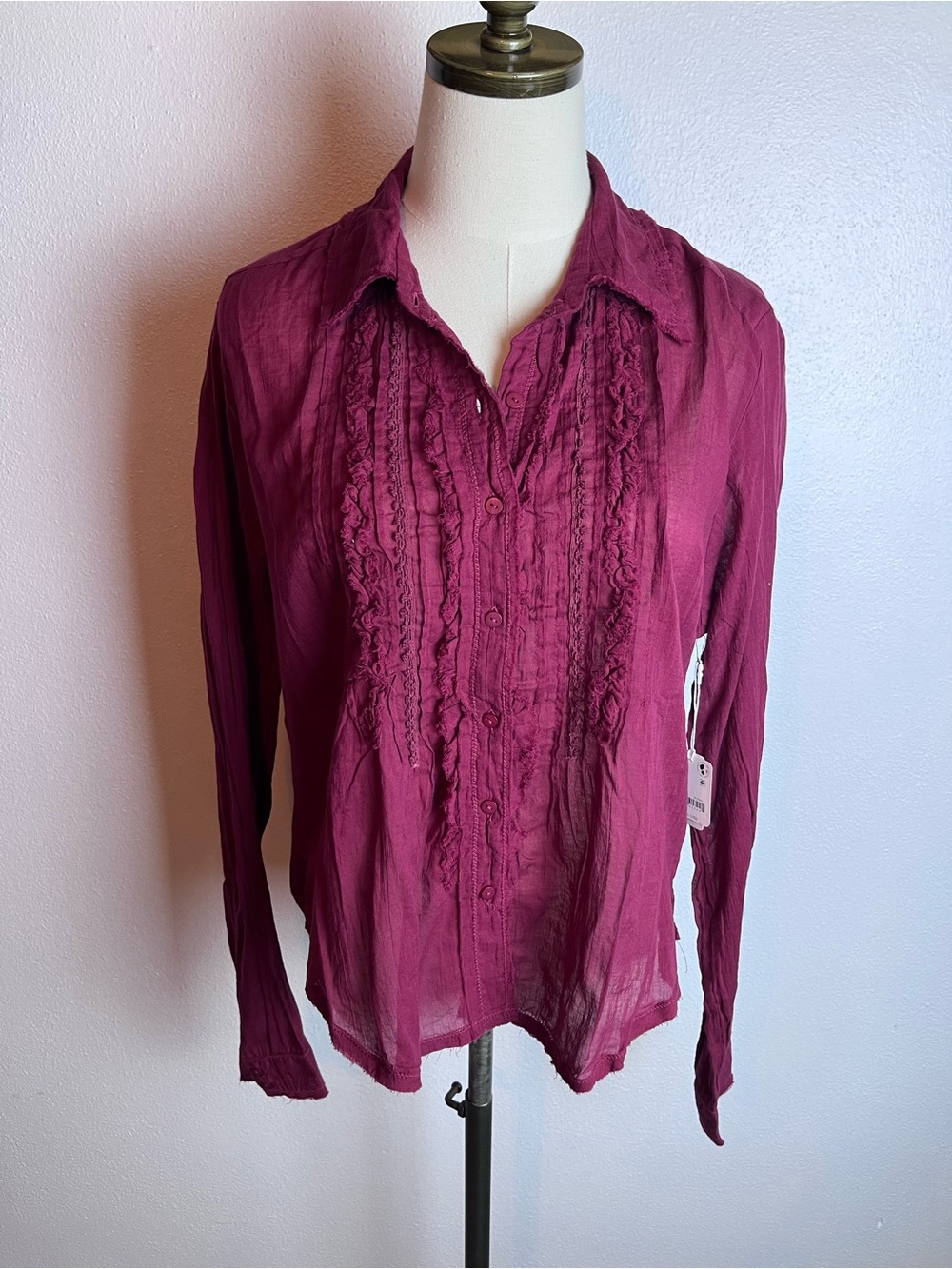 FP One Women’s Ruffled Button-Front Blouse - Plum 100% Cotton
